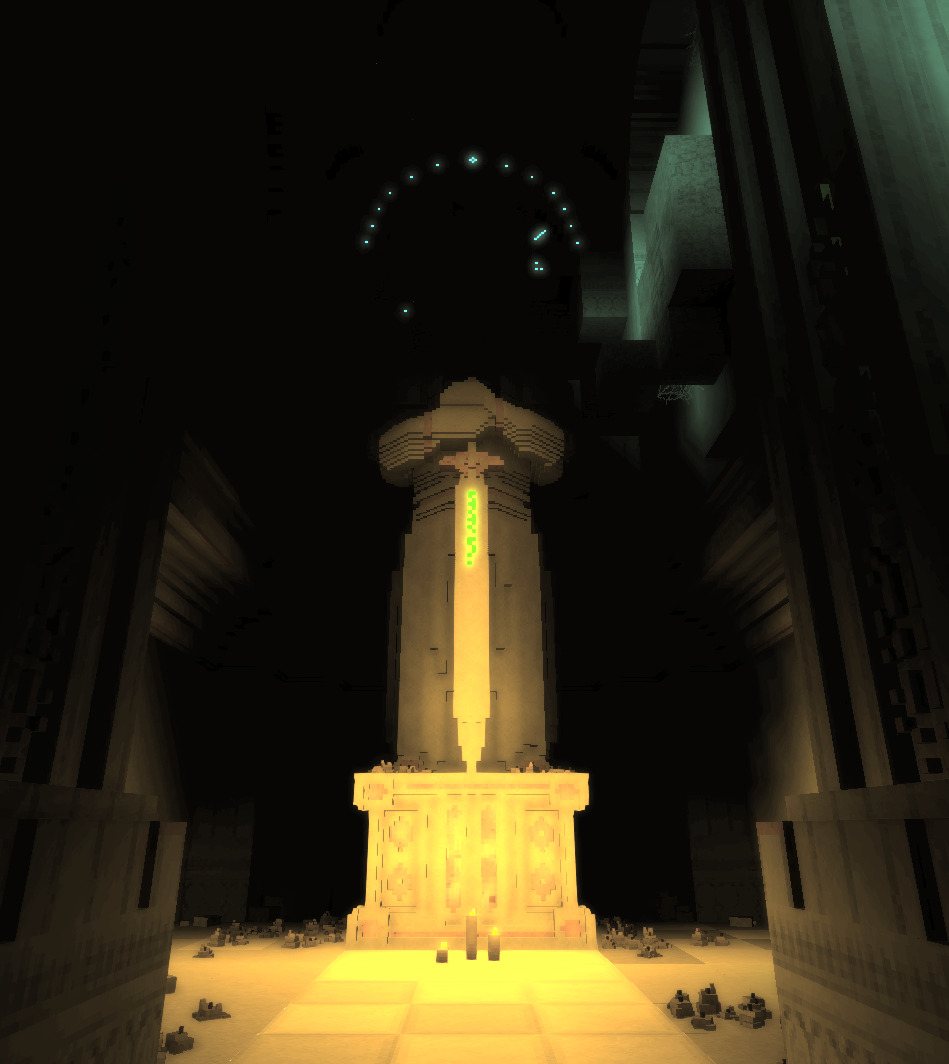 An ancient glowing sword-statue deep underground — remnants of the old world